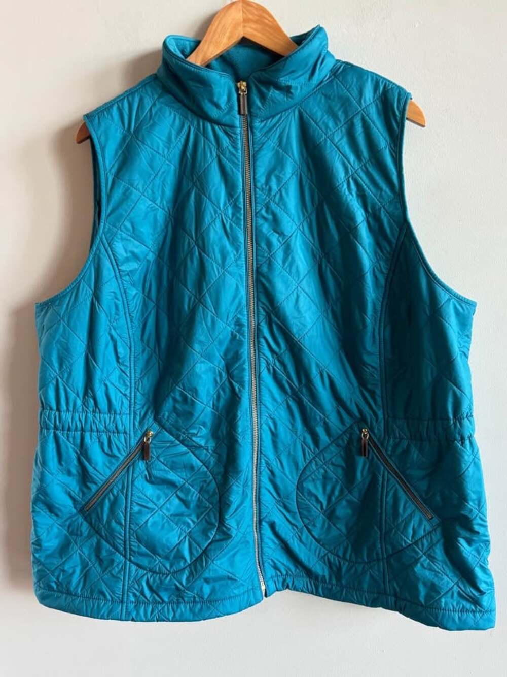 Talbots Woman Teal Blue Diamond Quilted Fleece Lined Vest Plus Size 2X Full Zip